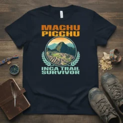 Machu Picchu Inca Trail Survivor t-shirt design featuring a circular graphic of the ancient ruins and mountains with text