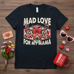 Mad Love For My Mama t-shirt design with a deer wearing sunglasses and a cap, surrounded by hearts and camouflage