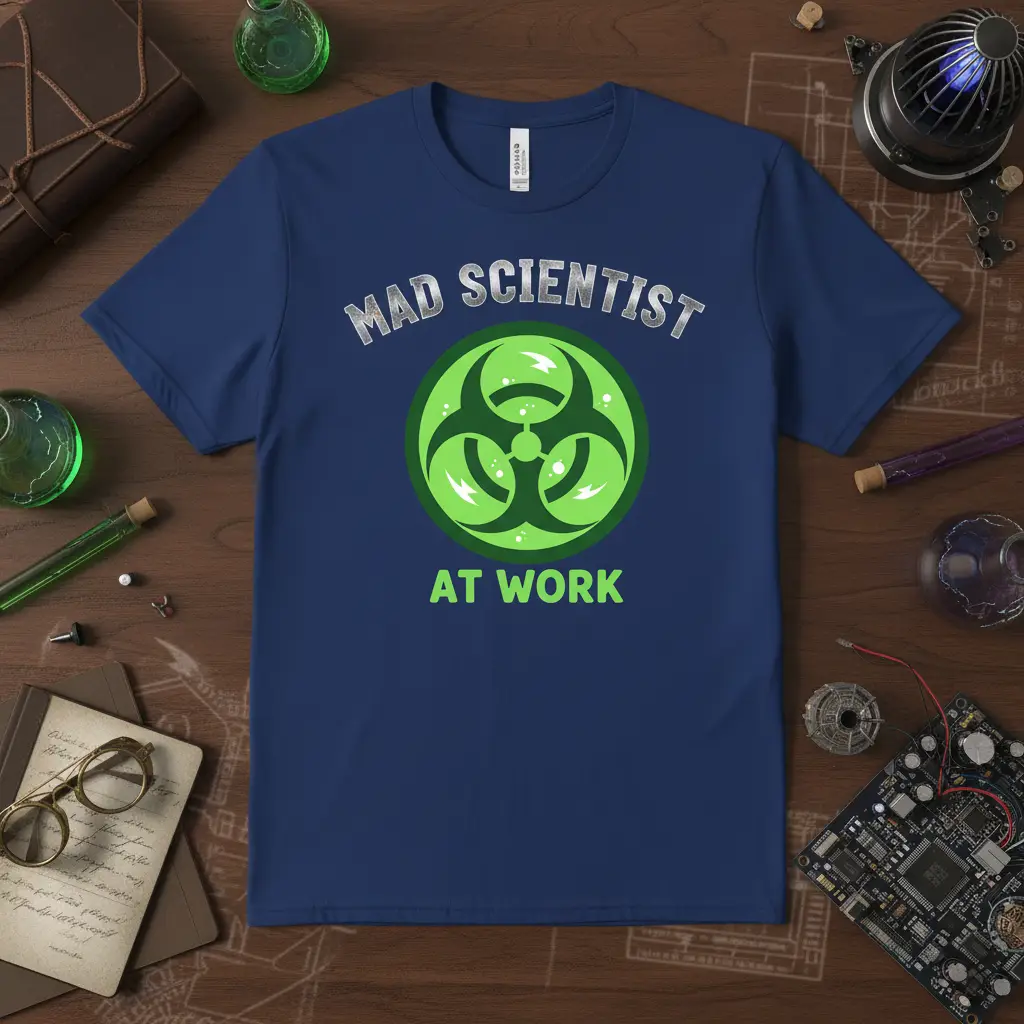 Mad Scientist At Work quote with biohazard symbol on navy blue science t-shirt