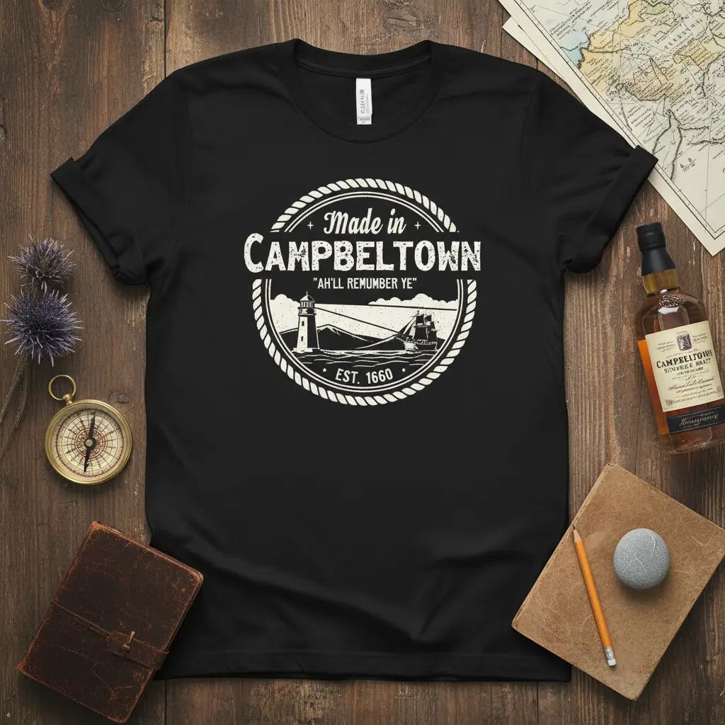 Made in Campbeltown Ah'll Remember Ye t-shirt featuring vintage lighthouse and ship graphic with established date