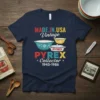 MADE IN USA Vintage PYREX Collector 1945-1986 text with retro Pyrex bowls graphic on navy t-shirt