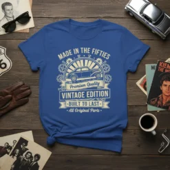 T-shirt design with "Made in the Fifties Vintage Edition" text and classic car graphic, celebrating 1950s automotive quality