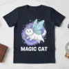 Magic Cat T-Shirt design with a white cartoon cat wearing blue butterfly wings and holding a magic wand