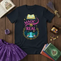 Magic Is Real text with open book and forest waterfall graphic on a dark t-shirt