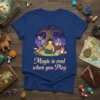 Magic is real when you Play text on a t-shirt with a boy sitting under a tree, fantasy castle, dragon