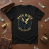 Magic Maker Dreams Take Flight quote with a fairy silhouette and stars on a black t-shirt