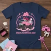 Magical Adventures Await text on a navy t-shirt with a mermaid riding a pink monster truck with a unicorn and