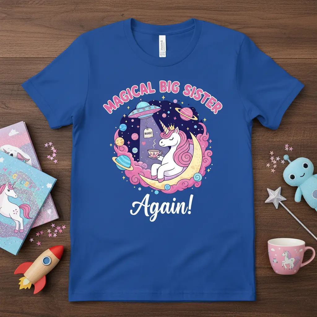 Magical Big Sister Again text with a unicorn, moon, UFO, and planets graphic on a blue t-shirt design