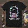 Magical Kitty t-shirt design with a black cat sitting on books, framed by hearts and moons