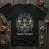 Magical Mycology t-shirt design with a frog wizard meditating in a mushroom mandala, text "MAGICAL MYCOLOGY" below