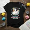 Magical Quacktastic Voyage t-shirt design featuring a unicorn duck in a circular frame with stars and planets, pastel colors