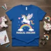 Magical Unicorn T-Shirt with a winged unicorn on a rainbow, surrounded by stars and hearts