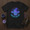 Magically Delicious witch cat with wings and bubble tea on a black t-shirt design, featuring purple and blue neon outline