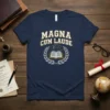 Navy blue t-shirt with "Magna Cum Laude" text above an open book, graduation cap, and laurel wreath graphic