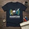 Magnetism Attraction & Repulsion t-shirt design with a central metallic sphere, radiating waves, lightning bolts, and scattered metal objects