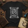Magnificent Talisman occult symbol design on a black t-shirt, featuring intricate white lines and text