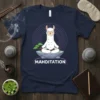 Mahditation Llama T-Shirt featuring a white llama meditating on a rock with purple concentric circles and a small bonsai tree
