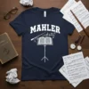 Navy t-shirt with white text "MAHLER" above a conductor's stand with an open music book and baton, designed for music