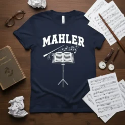 Navy t-shirt with white text "MAHLER" above a conductor's stand with an open music book and baton, designed for music