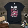 MAIL Lady t-shirt design featuring a pink mail truck, mailbox, and envelopes with stylized script font