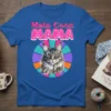 Main Coon MAMA text above a Maine Coon cat portrait on a blue t-shirt, vibrant circle background