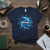 MAINIAC t-shirt with a blue and white swirling vortex graphic and small brain icons