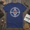 T-shirt with a compass design featuring the text "MAINLY HE MAINLY FEALY CKERLY MILFLY AVITHY IAN EXCAIXST ADOXLY XILY ISTU