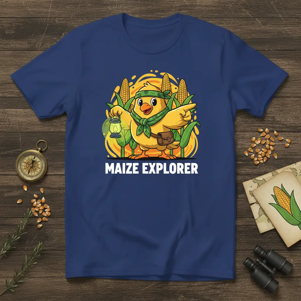 Maize Explorer graphic tee featuring a cartoon chick with a lantern exploring corn fields