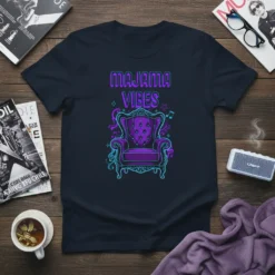 Majama Vibes t-shirt design featuring purple armchair and musical notes, with neon text