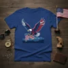 Eagle American Flag T-Shirt featuring a bald eagle holding the US flag with a mountain range in the background