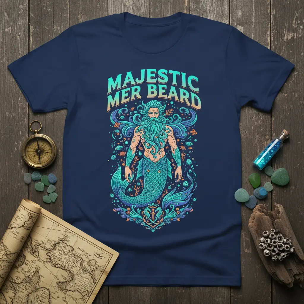 Majestic Mer Beard text and merman illustration on a navy blue t-shirt, featuring teal, orange, and purple accents