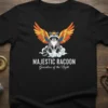 Majestic Racoon Guardian of the Night t-shirt design with a crowned raccoon wearing colorful wings, sitting on clouds