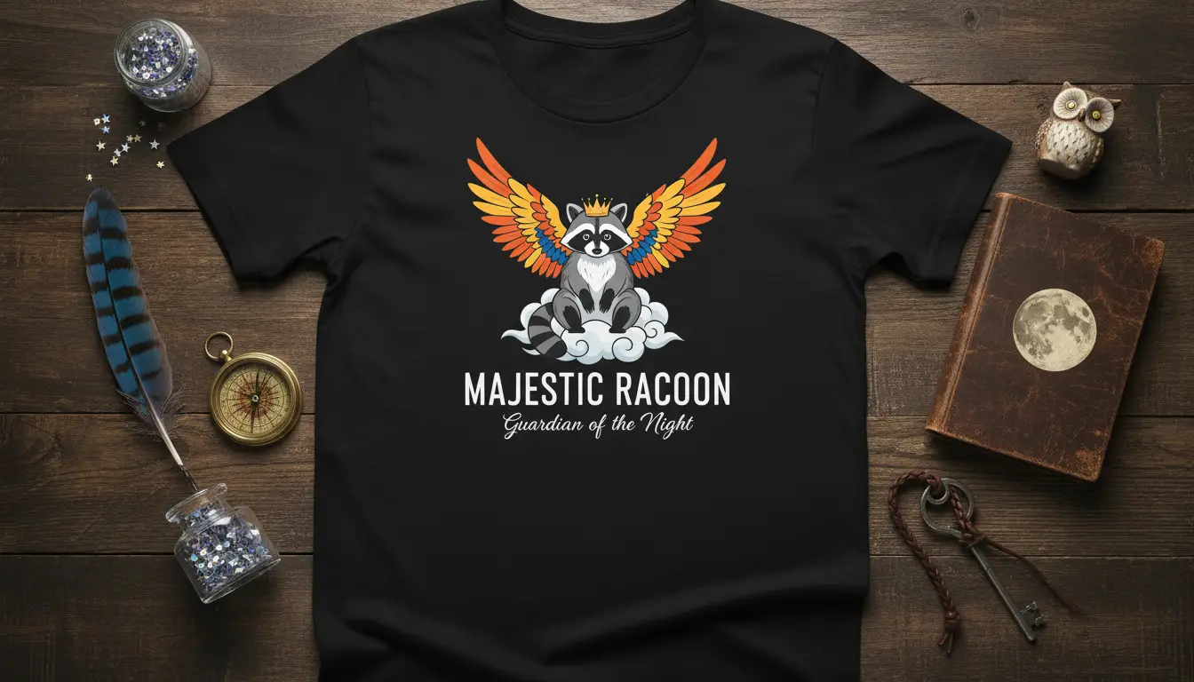 Majestic Racoon Guardian of the Night t-shirt featuring a crowned raccoon with bright wings on clouds