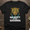 T-shirt design featuring a leopard's head with the text "MAJESTY OF THE SAVANNA" below, representing wildlife and safari themes