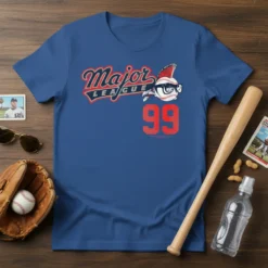Major League 99 Baseball T-Shirt with retro styling and a cartoon baseball character wearing sunglasses and a mohawk