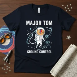 Major Tom Ground Control t-shirt design with an astronaut cat wearing a spacewalk suit and a lightning bolt on its