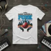 Make America Funk Again text with disco ball and city skyline graphic on a white t-shirt