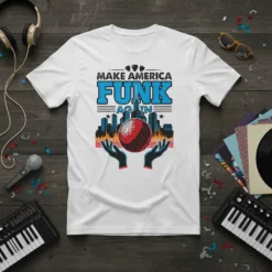 Make America Funk Again text with disco ball and city skyline graphic on a white t-shirt