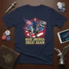 MAKE AMERICA GREAT AGAIN T-Shirt with Donald Trump riding a T-Rex and American flag graphic