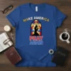 Make America Pray Again Christian T-Shirt featuring praying silhouette in stained glass window, gold and red text