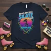 Make America Skate Again text design with a roller skater silhouette on a retro sunset background