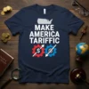 Make America Tariffic t-shirt with US map graphic and red/blue gears symbolizing trade policy