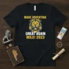 Black t-shirt with yellow and blue text "MAKE ARGENTINA GREAT AGAIN MILEI 2023" and a roaring lion graphic