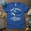 Make Bubbles Don't Make Troubles t-shirt with two whales and bubbles design, blue shirt, white text, ocean theme