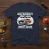 Make Burnouts Great Again Great Again text with vintage muscle car graphic and flames on a navy t-shirt