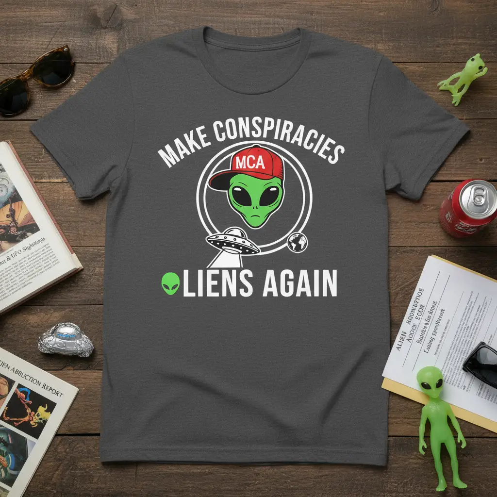 Make Conspiracies Aliens Again text with alien head wearing MCA hat and UFO graphic on a t-shirt