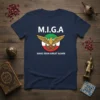 Make Iran Great Again MIGA T-Shirt with eagle emblem and Iranian flag colors. Patriotic slogan on navy blue tee