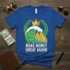 Make Money Great Again t-shirt design with dollar sign wave and city skyline graphic