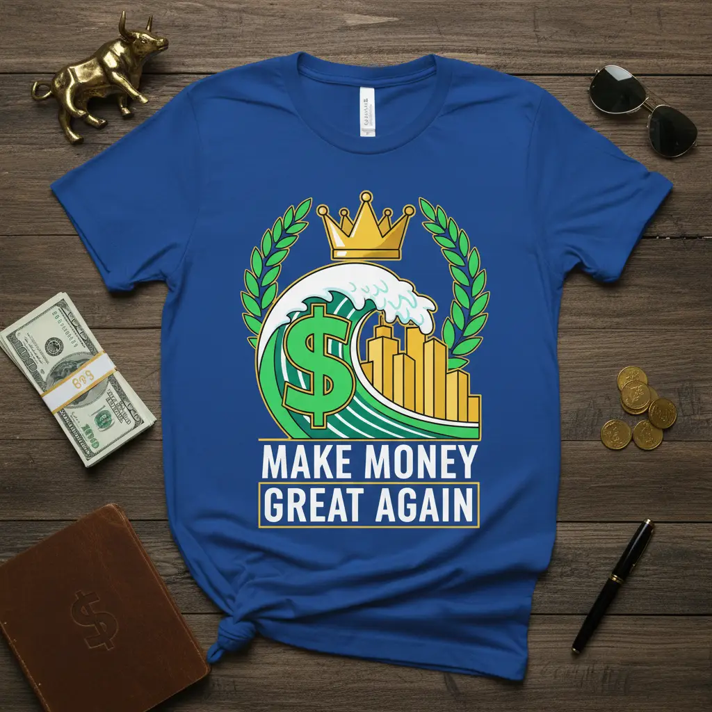 Make Money Great Again quote on a t-shirt with a dollar sign wave and city graphic