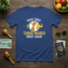 Make Tingo Tango Mango Great Again t-shirt with cartoon mango characters dancing and flexing, in white and yellow text